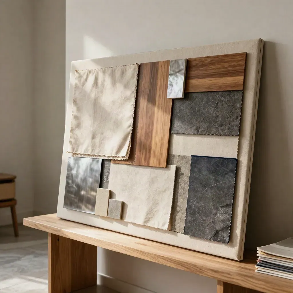Materiaalbord met stalen van stof, hout, metaal en steen op een console in sfeervol interieur.