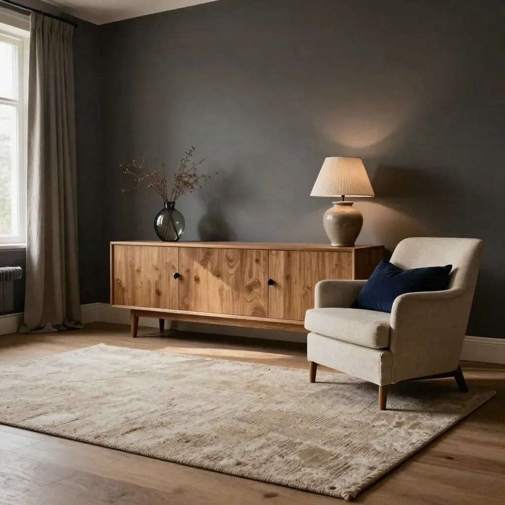 Donkere woonkamer met grafietmuren, eiken dressoir, wollen kleed en zacht lamplicht.
