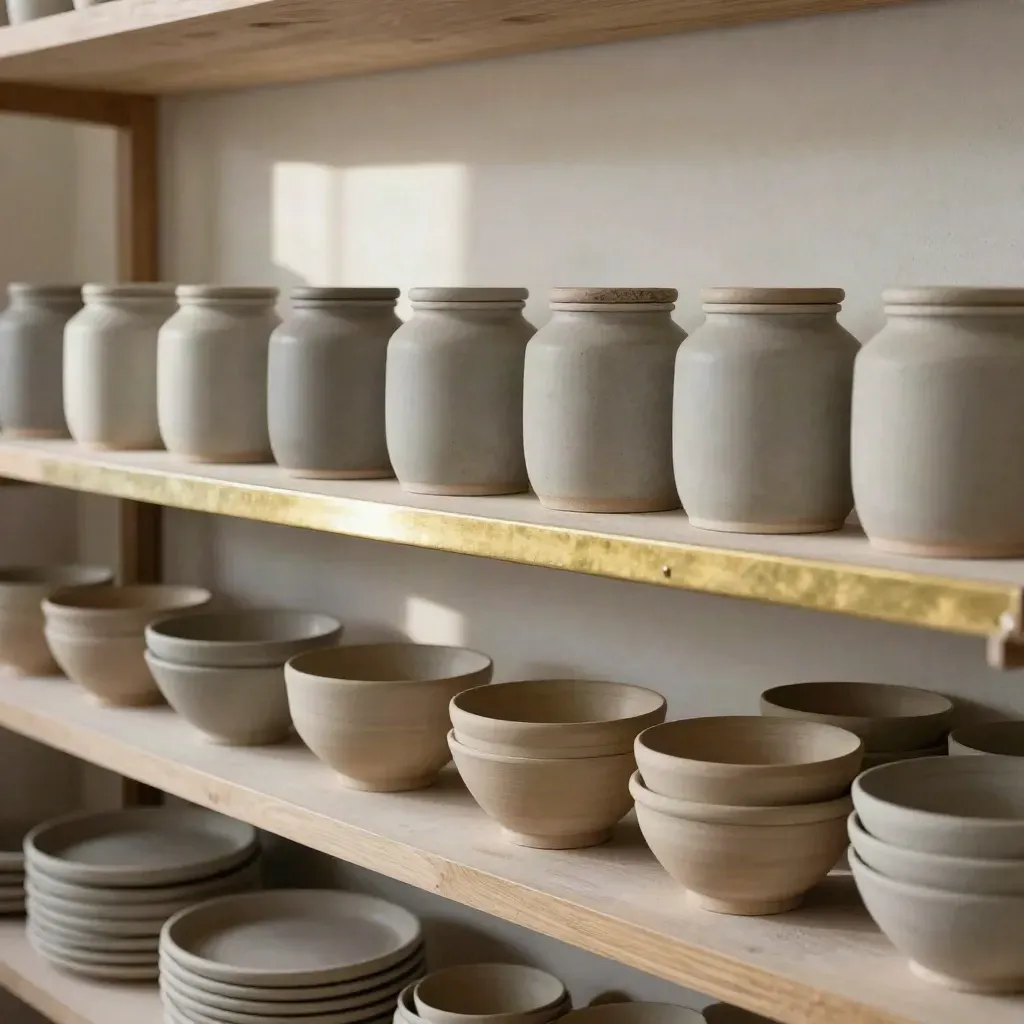 Keramiekstudio-schap met matte glazuurpotten, kleischalen en trays in rustige neutrale tinten.