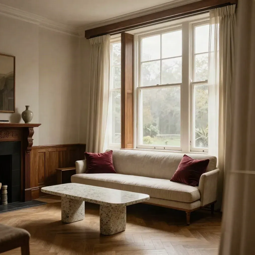 Rustige grachtenhuiskamer met linnen bank, donker hout en zacht invallend avondlicht.