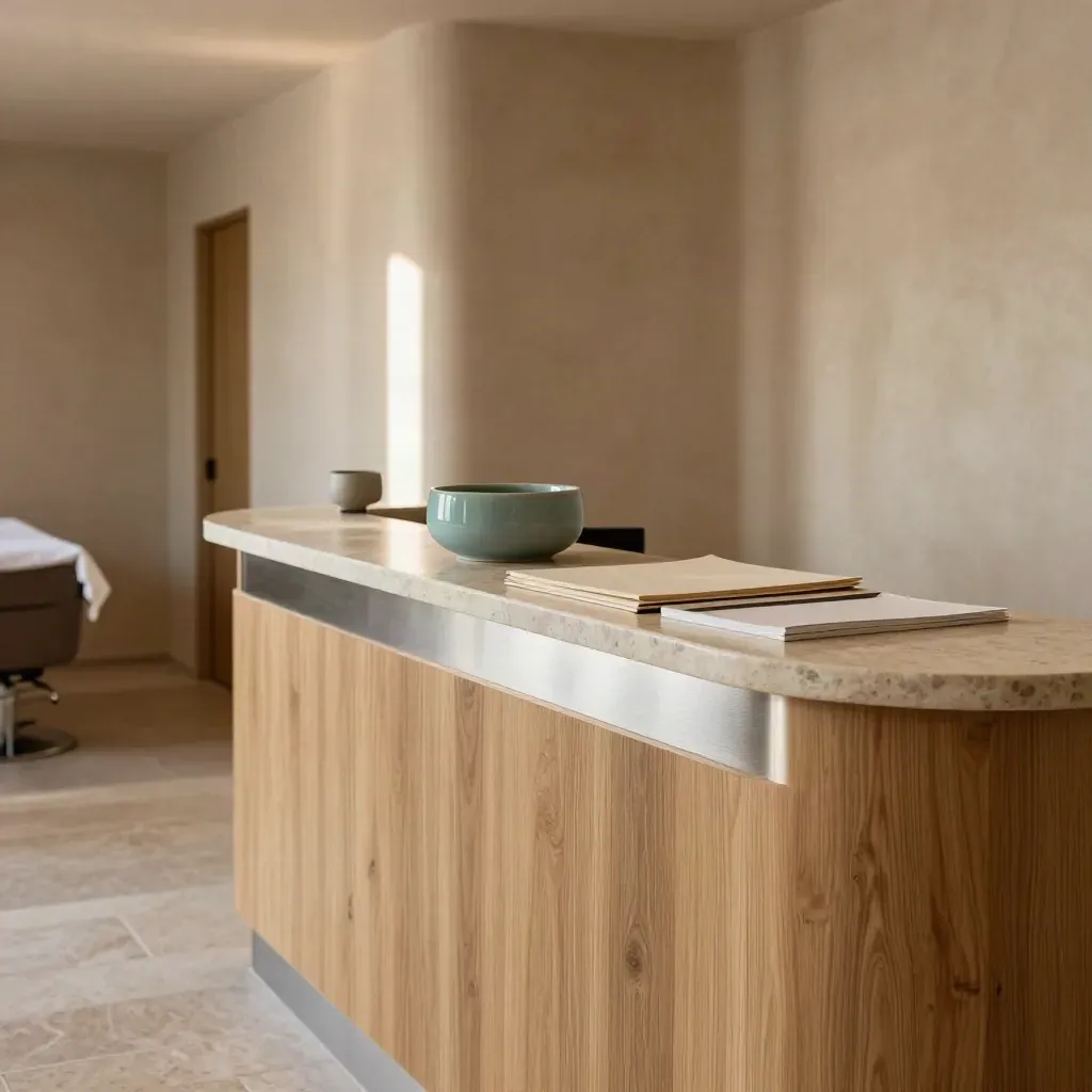 Salonreceptie met warm puttykleurig plan, eiken balie en zachte verlichting.