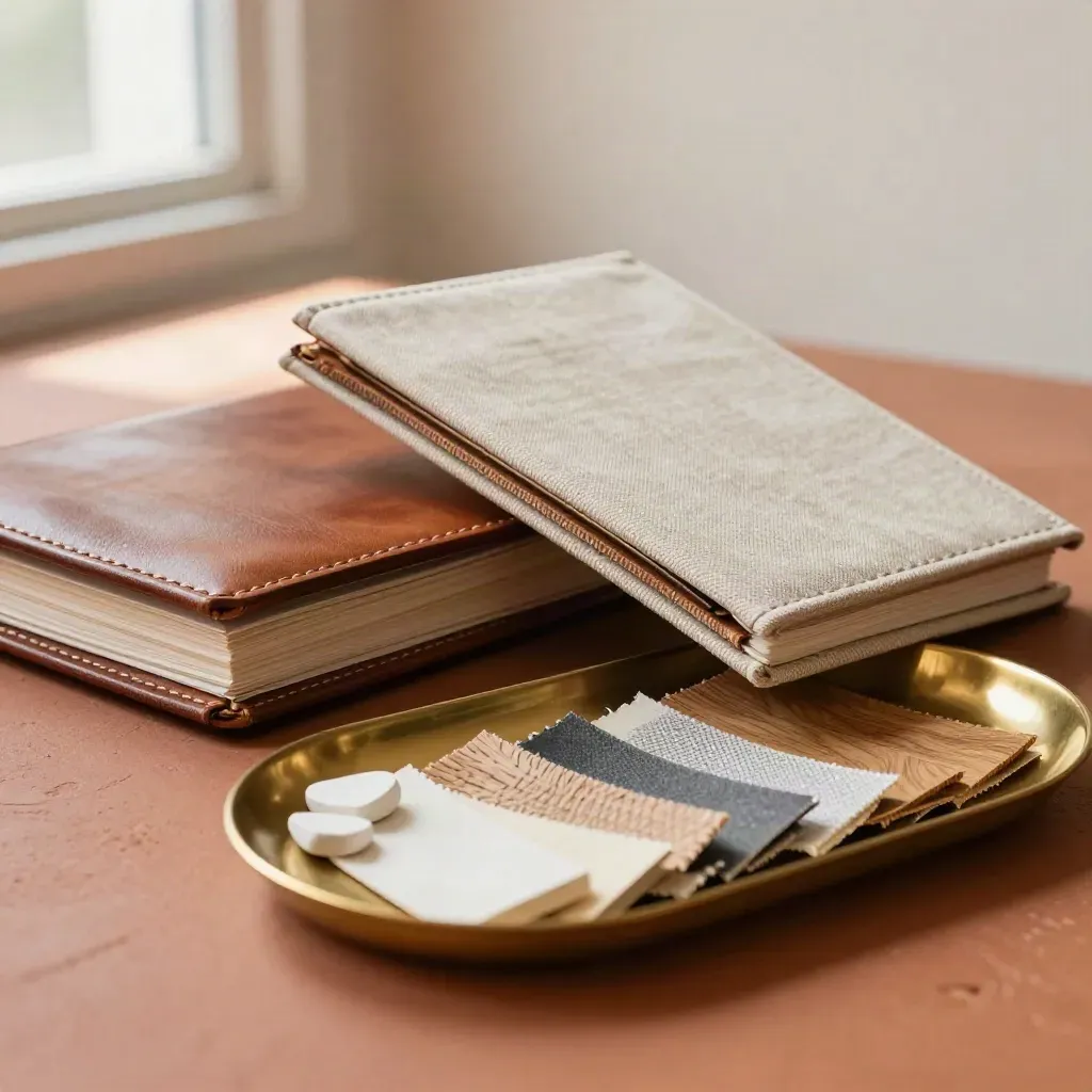 Gesloten folio’s en een messingen schaal met gesorteerde kleurstalen op terracotta.