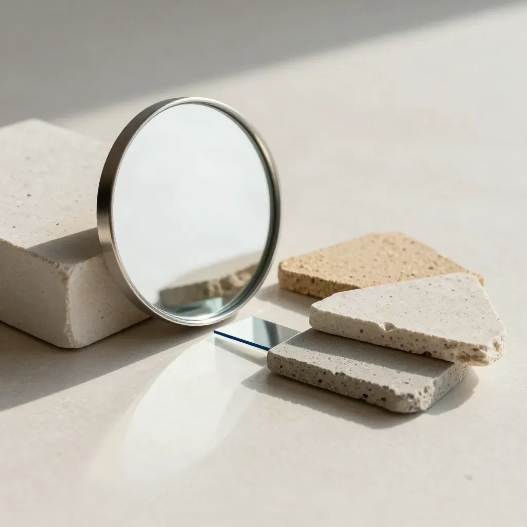 Spiegel, materiaalchips en glaskristal op een lichte steenplaat met zacht invallend daglicht.