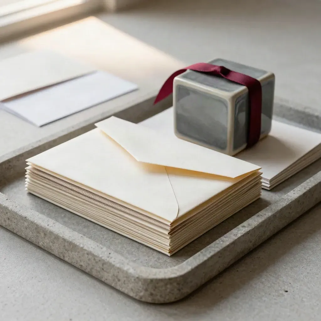 Natuurstenen tray met sampleboards, verzegelde enveloppen en een keramische kleurkubus.