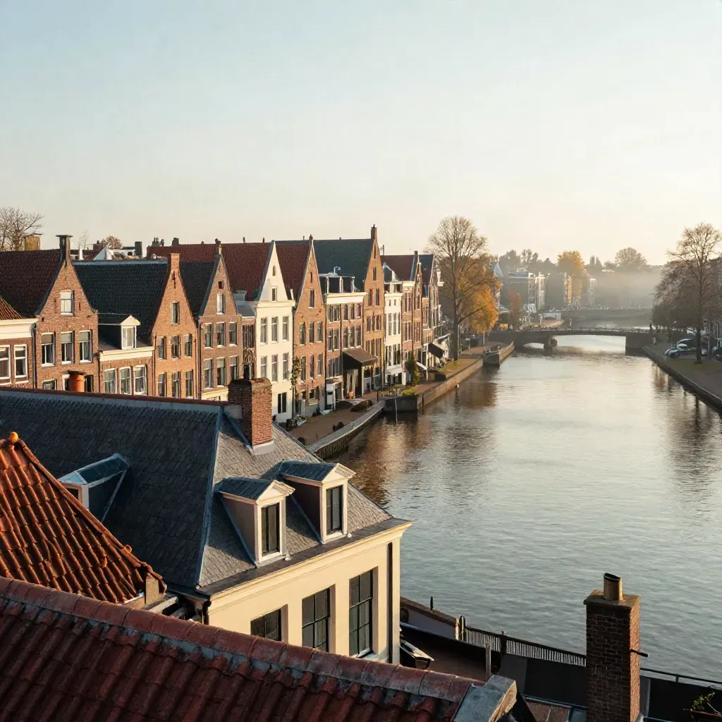 Amsterdamse grachtenpanden in gouden avondlicht boven een rustige kanaalvlakte